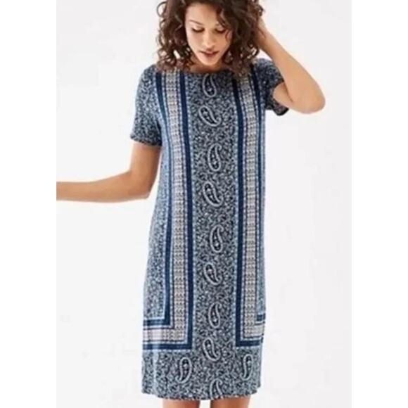 J. Jill Blue Boarder Paisley Vine Print Jersey Shift Dress Blue & White Size XL - Picture 1 of 10